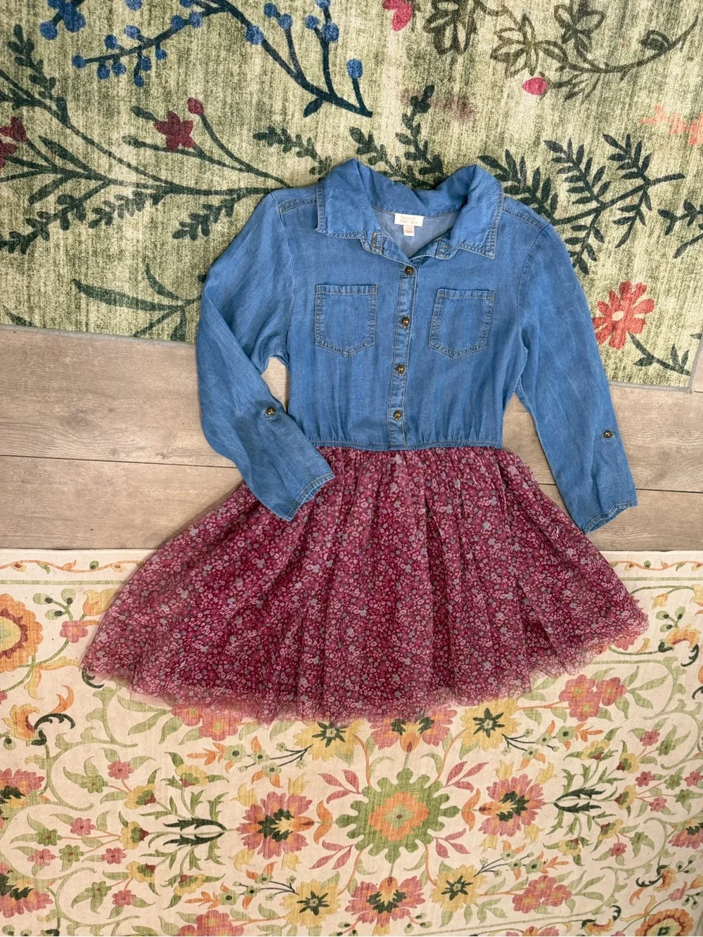 Boutique Zenzi Girls Denim & Tulle Floral Dress Size Large